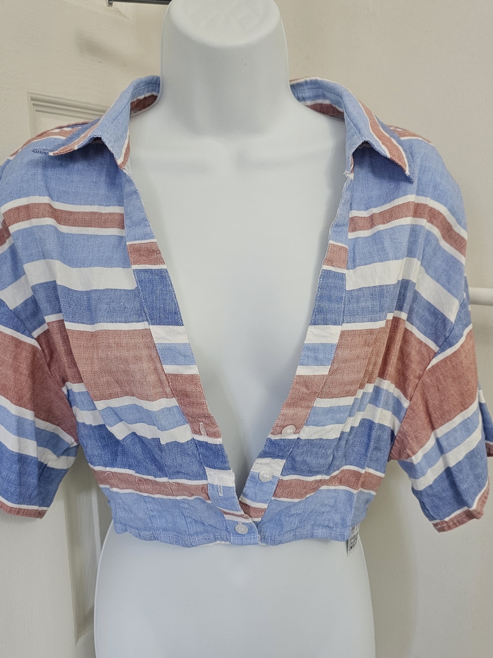 Zara Blue, Rust and White Striped Cropped Button-Down, Sz S